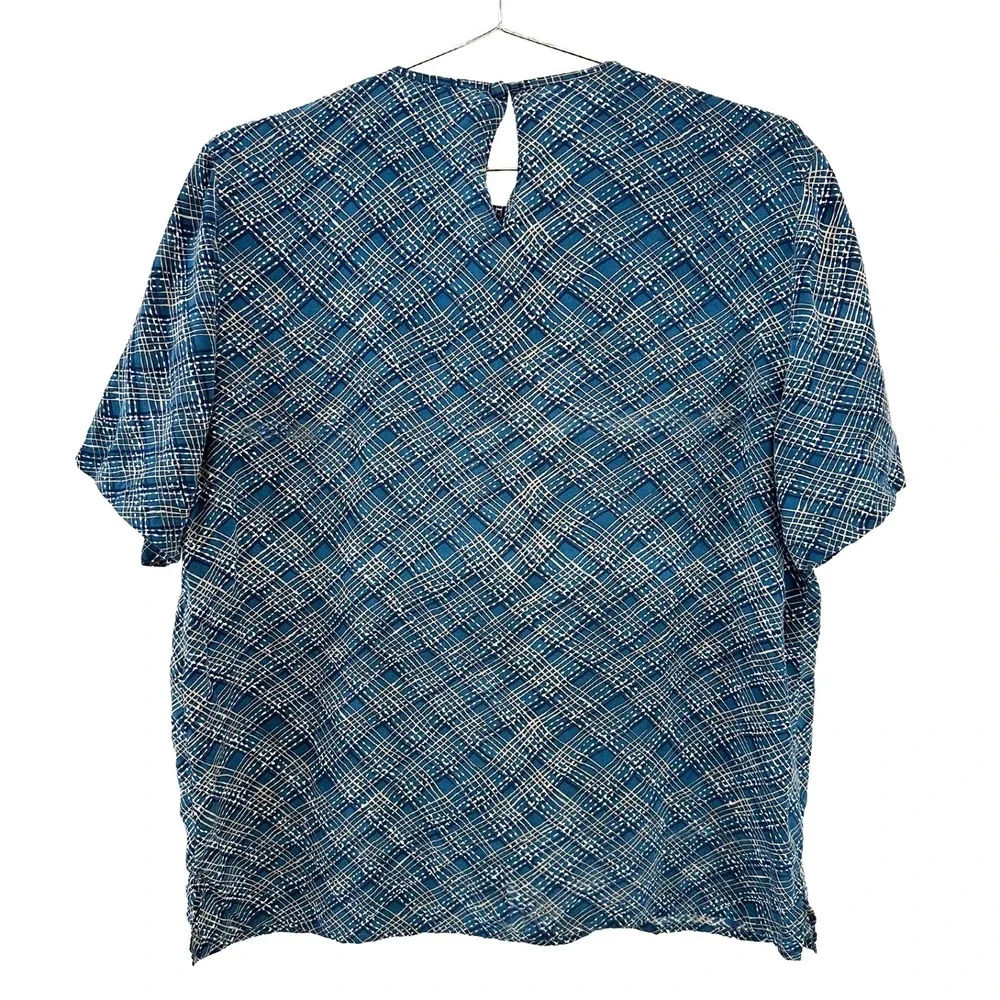 NORA NOH 100% Silk Crew Neck Tee Blouse • Large • blue white tan boho indie chic